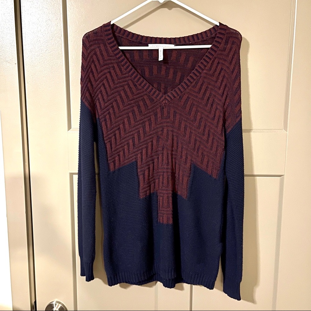 BCBGeneration V Neck Oversized Maroon Blue Sweater